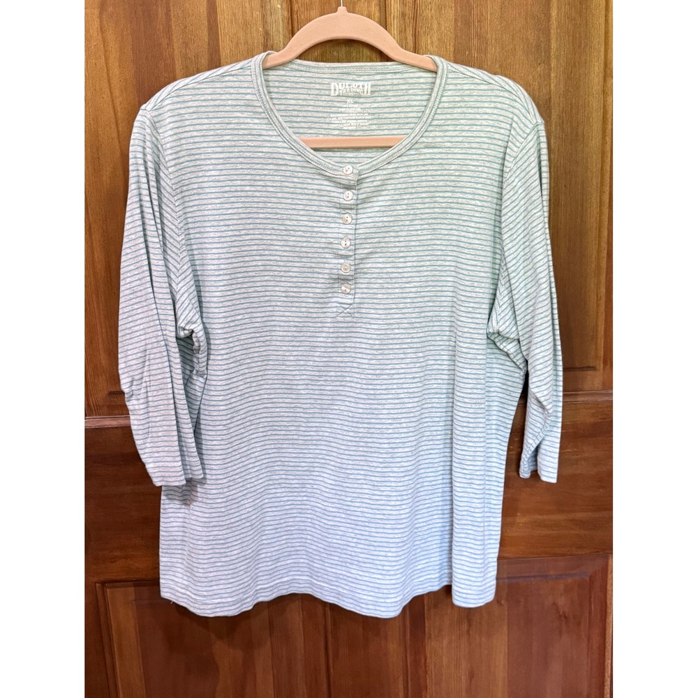Duluth Trading Womens XL Henley Top Striped 3/4 Sleeve Teal Grey Cotton Ribbed